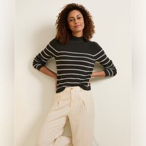 Garnet Hill Amelie Wool & Linen Mock Neck Sweater Striped Green White Sz M